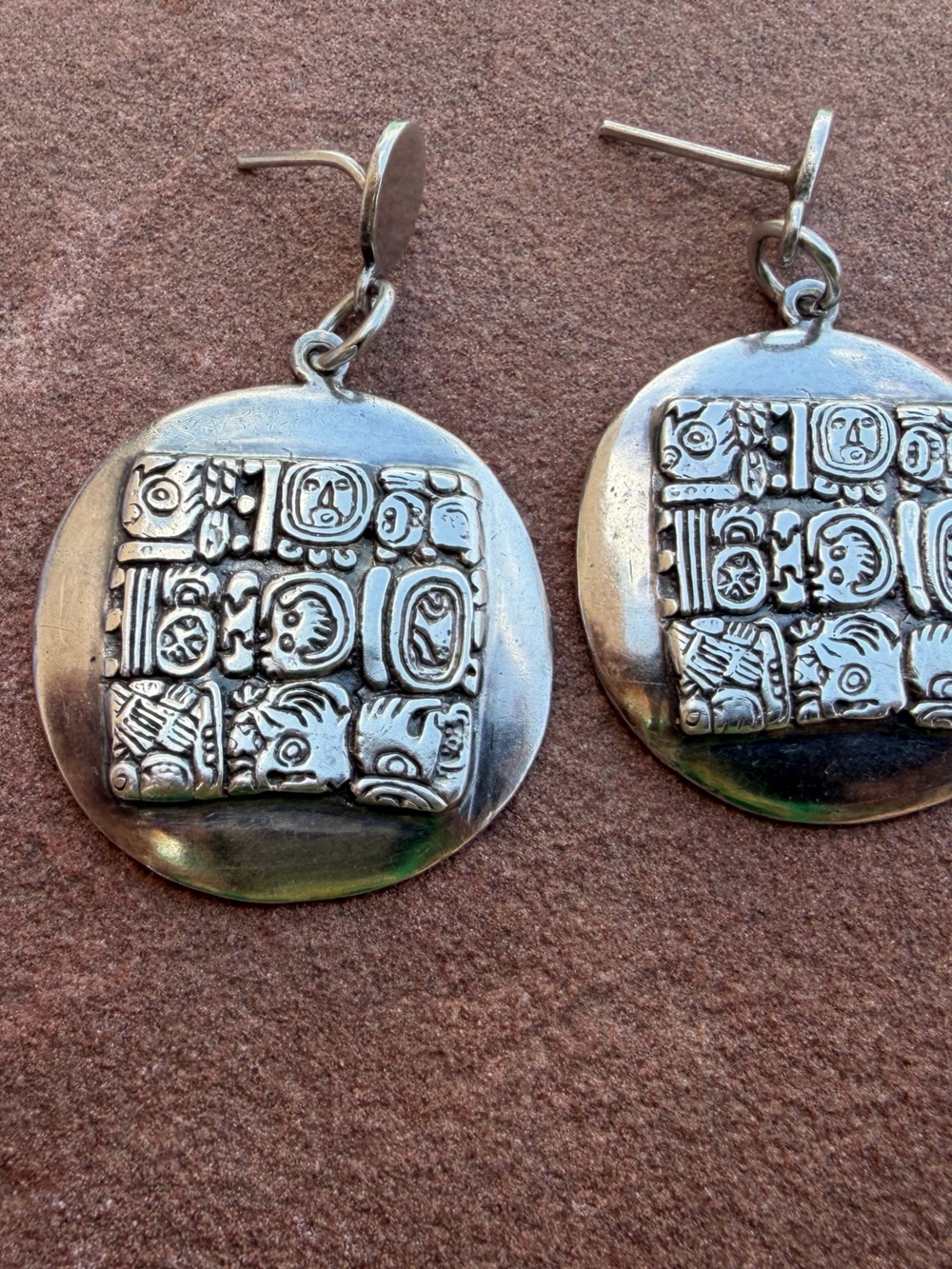Silver-Round Dangle Earrings with Mayan Glyph design/ inspired by Mayan cultu 2”